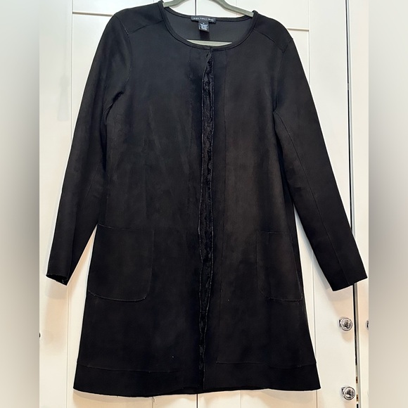 Black Microsuede Open Front Jacket With Lace Front Edge Joan Vassi New York MED - Picture 1 of 4